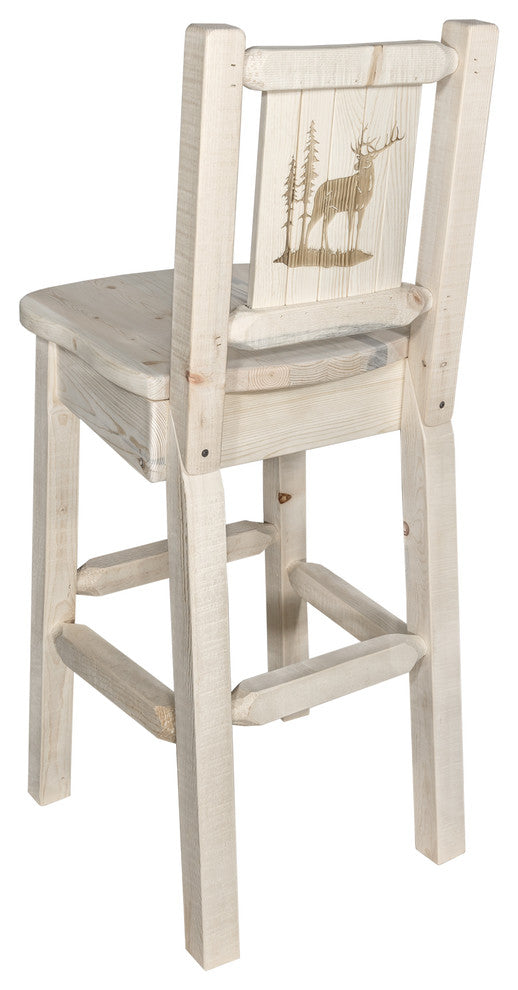 Homestead Counter Height Barstool With Laser Engraved Elk, Clear Lacquer Finish