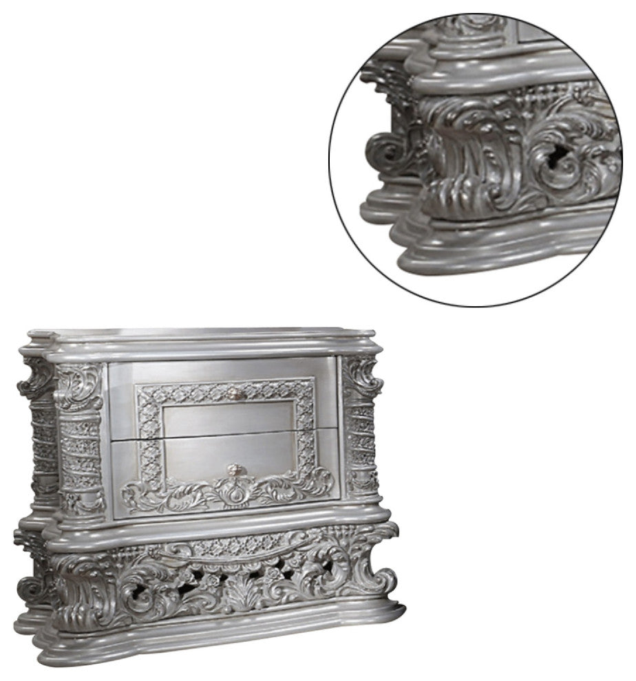 Benzara BM275516 Wood Nightstand, 2 Drawers, Ornate Carving, Gray/Light Gold