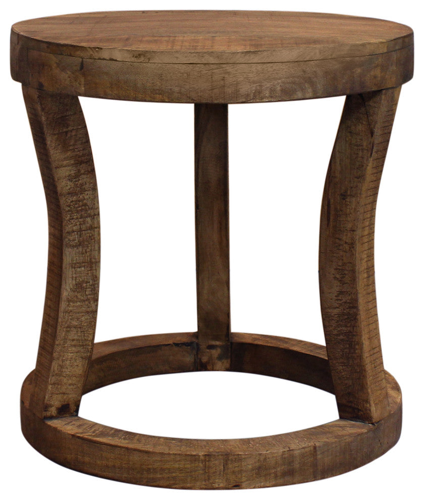 Koda Solid Wood Round Accent Stool With Circle Base, Natural Brown Fin