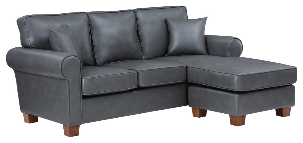 Rylee Rolled Arm Sectional, Pewter Faux Leather With Pillows and Coffee Legs