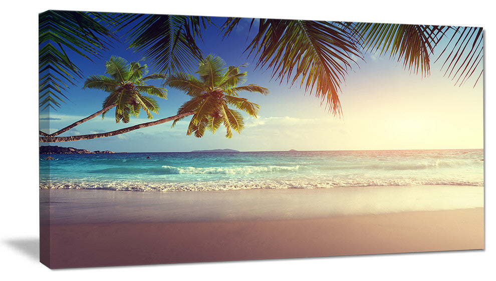 "Typical Sunset On Seychelles Beach" Seascape Art Canvas, 40"x20"