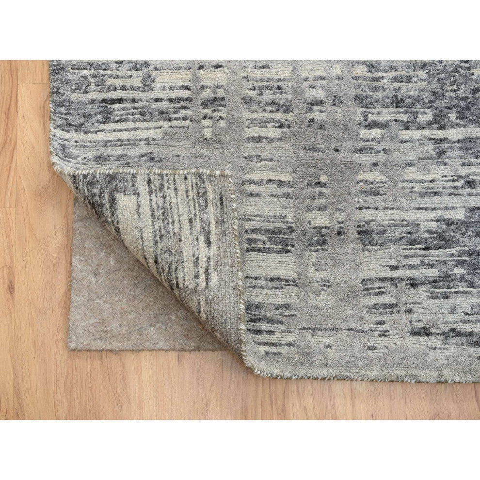 Light Gray, Modern Design, Natural Wool, Hand Knotted Square Rug, 13'7"x14'0"