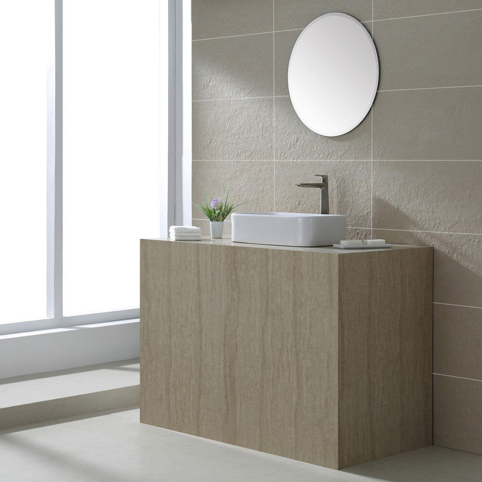 Elavo Ceramic Rectangle Vessel White Sink, PU Drain Satin Nickel