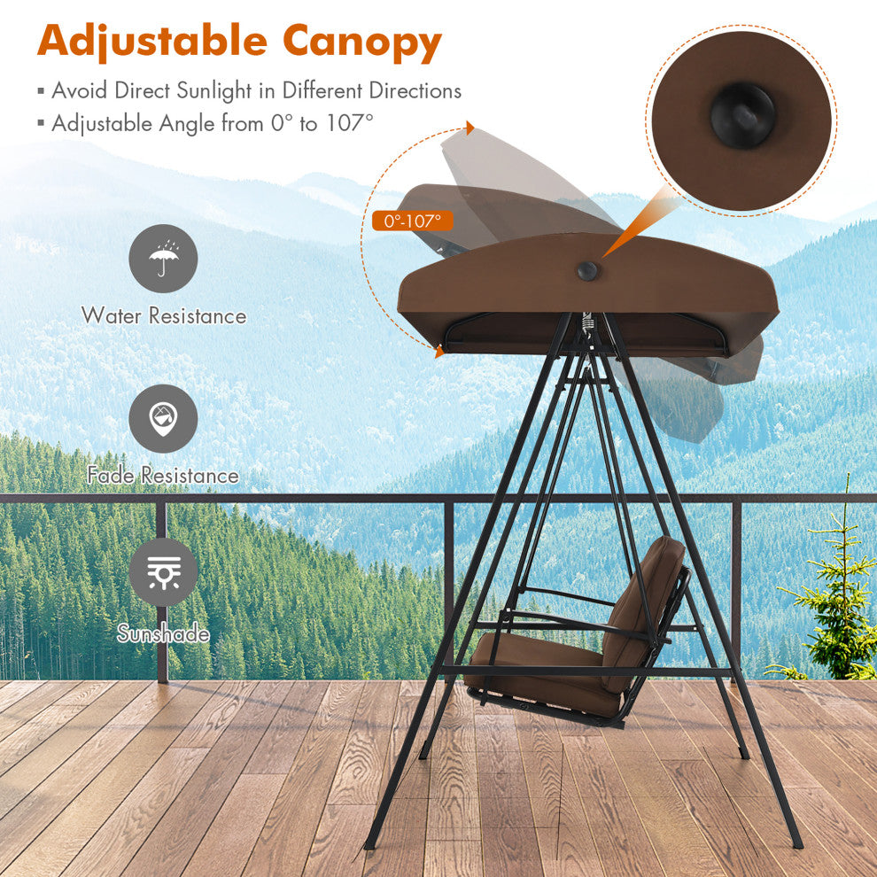 Costway Outdoor 3-Seat Porch Swing with Adjust Canopy and Cushions Brown