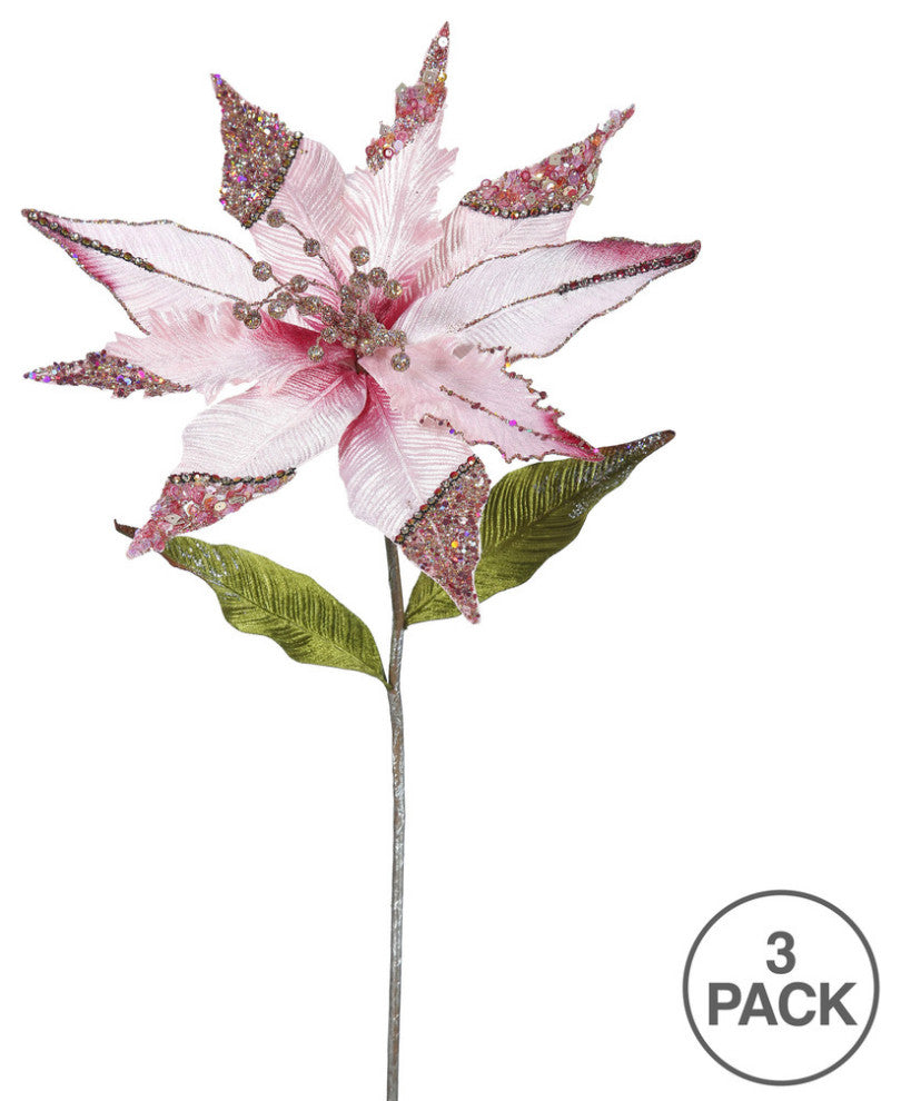 Vickerman Of161409 26" Pink Velvet Poinsettia Christmas Pick, 3 Per Bag