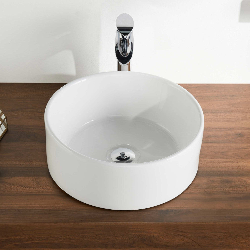 White Circular Bowl Bathroom Vessel Sink and Modern Above Counter Ceramic Sink