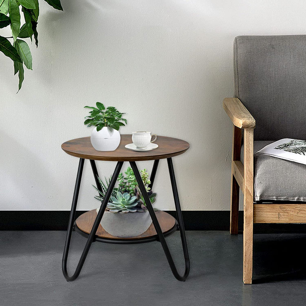 2 Tier Wooden Small Round Side Table with Storage Shelf