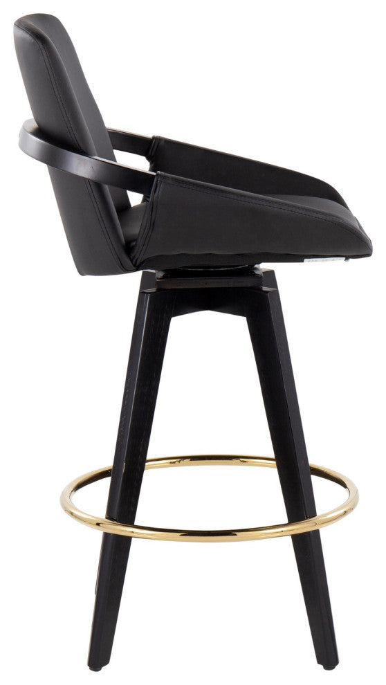 Cosmo Swivel Fixed-Height Counter Stool, Set of 2, Black/Gold/Black PU