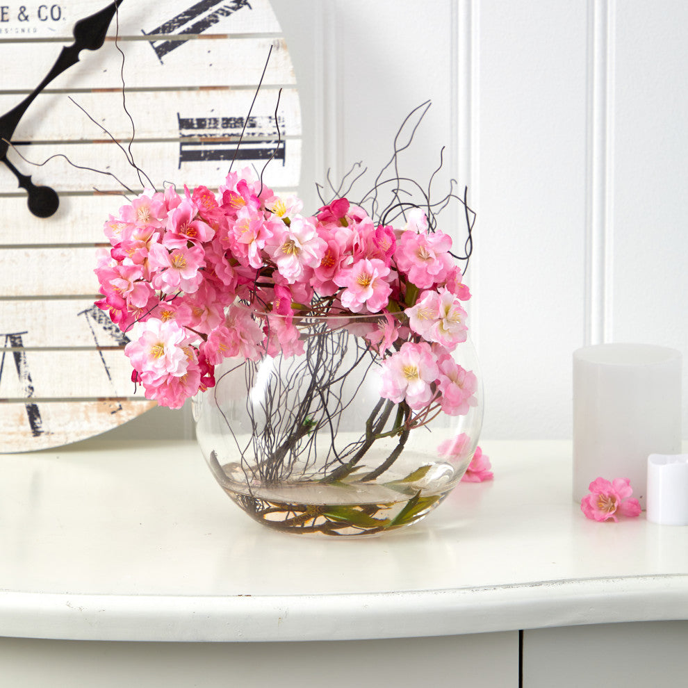 10" Cherry Blossom Artificial Arrangement, Glass Vase