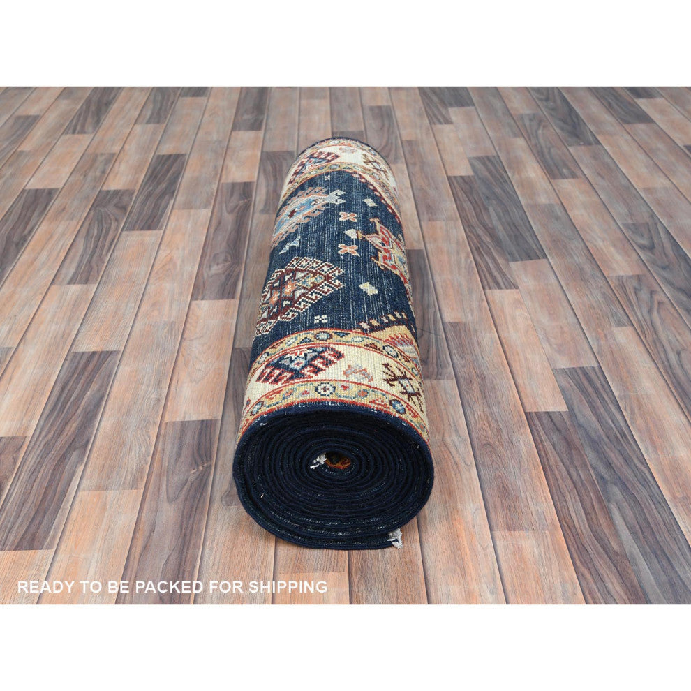 Yale Blue Special Kazak Soft Wool Hand Knotted XL Runner Oriental Rug 3'x18'6"