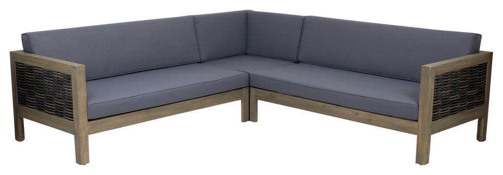 Theresa Wood and Wicker 5 Seater Sectional Sofa Set, Gray, Mixed Brown, Dark Gray