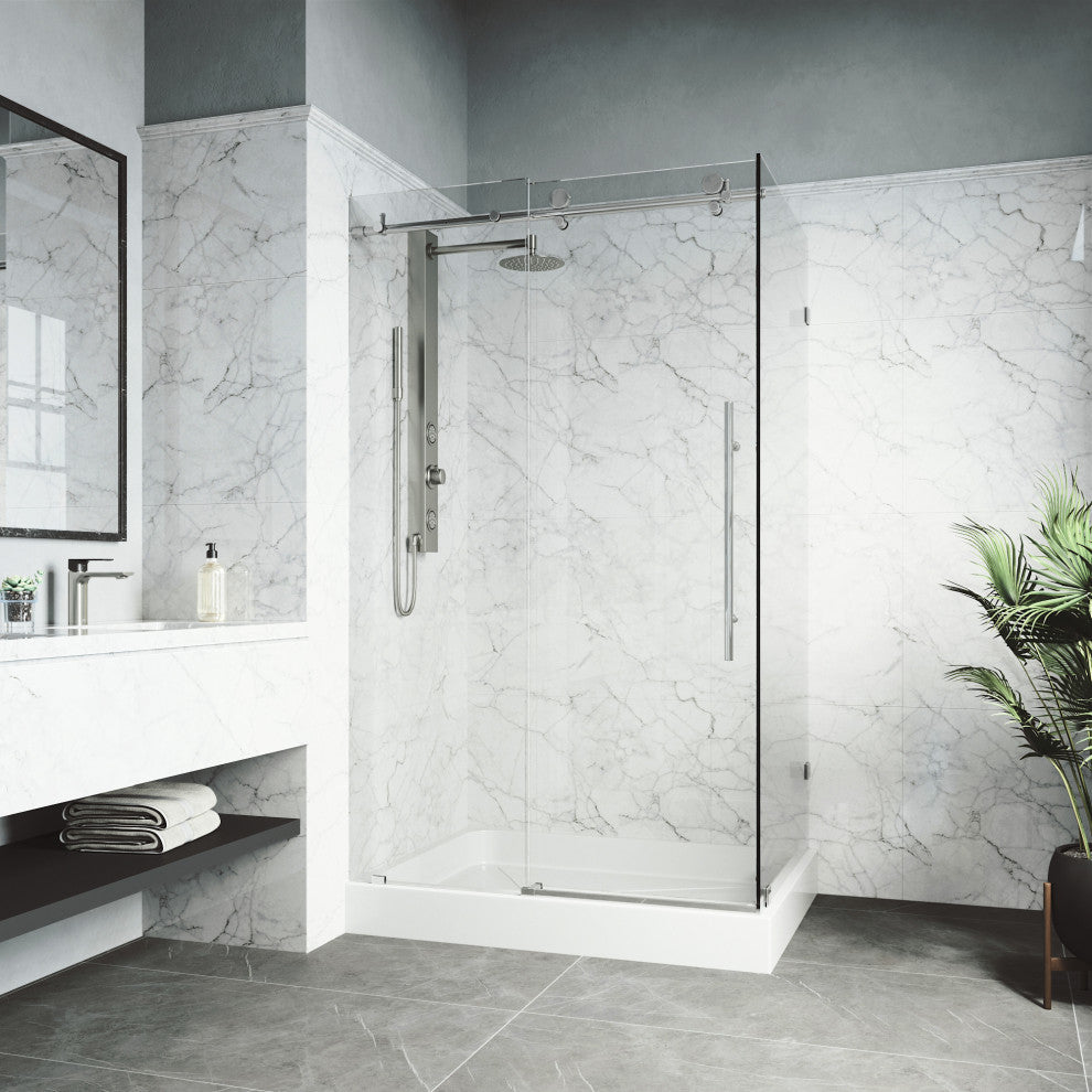 VIGO Elan E-Class Frameless Sliding Shower Enclosure, Chrome, 36" D X 48" W X 82" H, Left Base