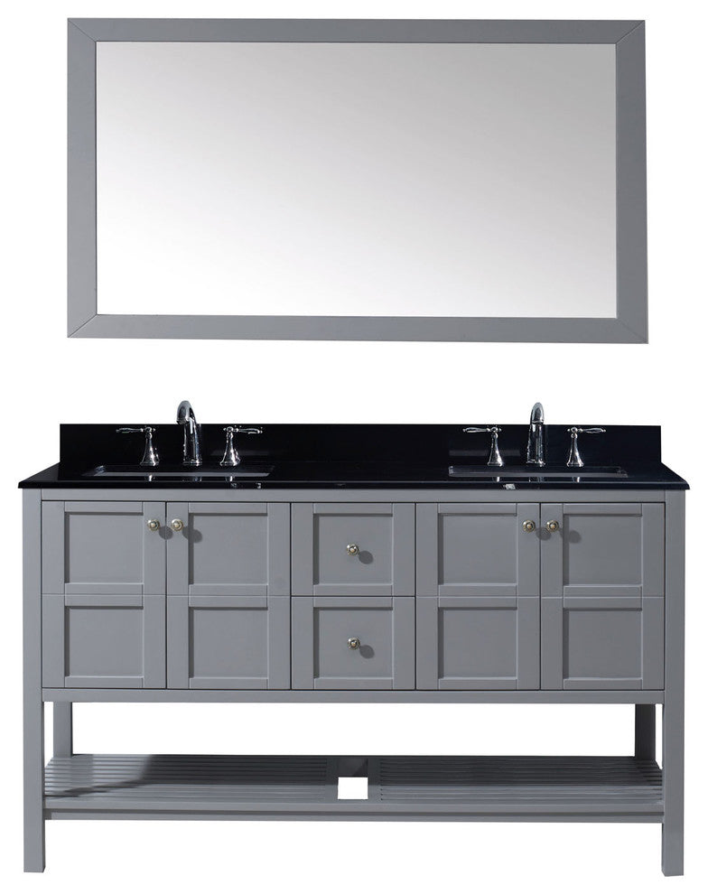 Virtu Winterfell 60" Double Bathroom Vanity, Gray , Black Granite Top, Mirror