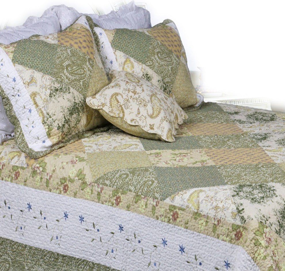 Grace Sage Real Patchwork 100%Cotton Quilt Set, Twin Set