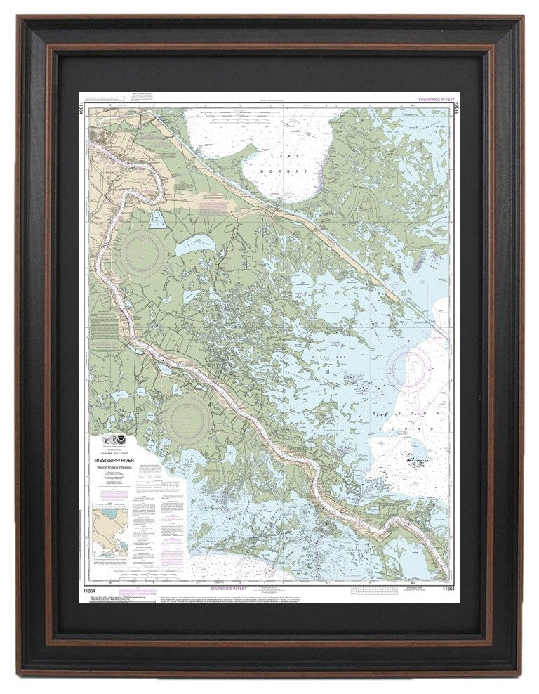 Nautical Chart, Mississippi, Venice to New Orleans, Poster Framed