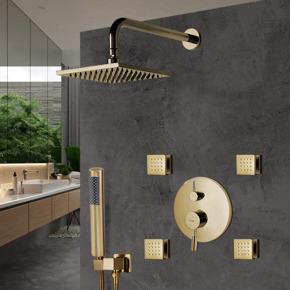 Bravat Brushed Gold Wall Mounted Square Shower Set, Valve Mixer 3-Way Concealed