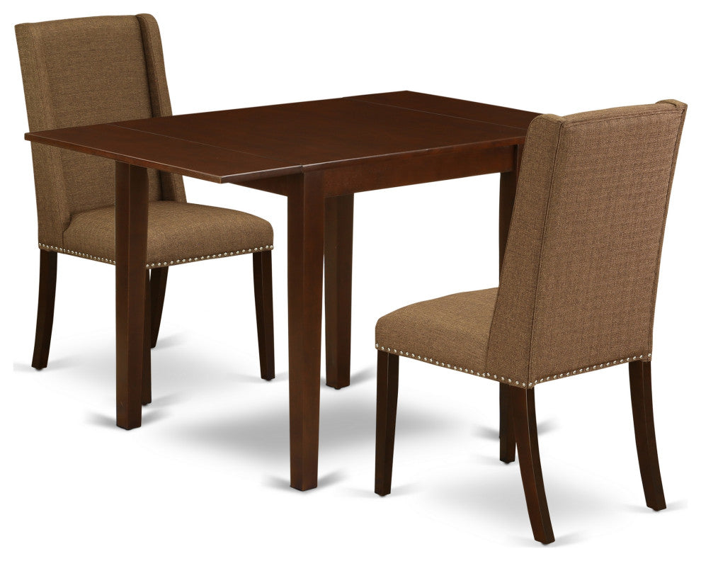 3Pc Dining Set, Drop Leaves Table, 2 Chairs, Brown Beige Chairs Seat, Mahogany