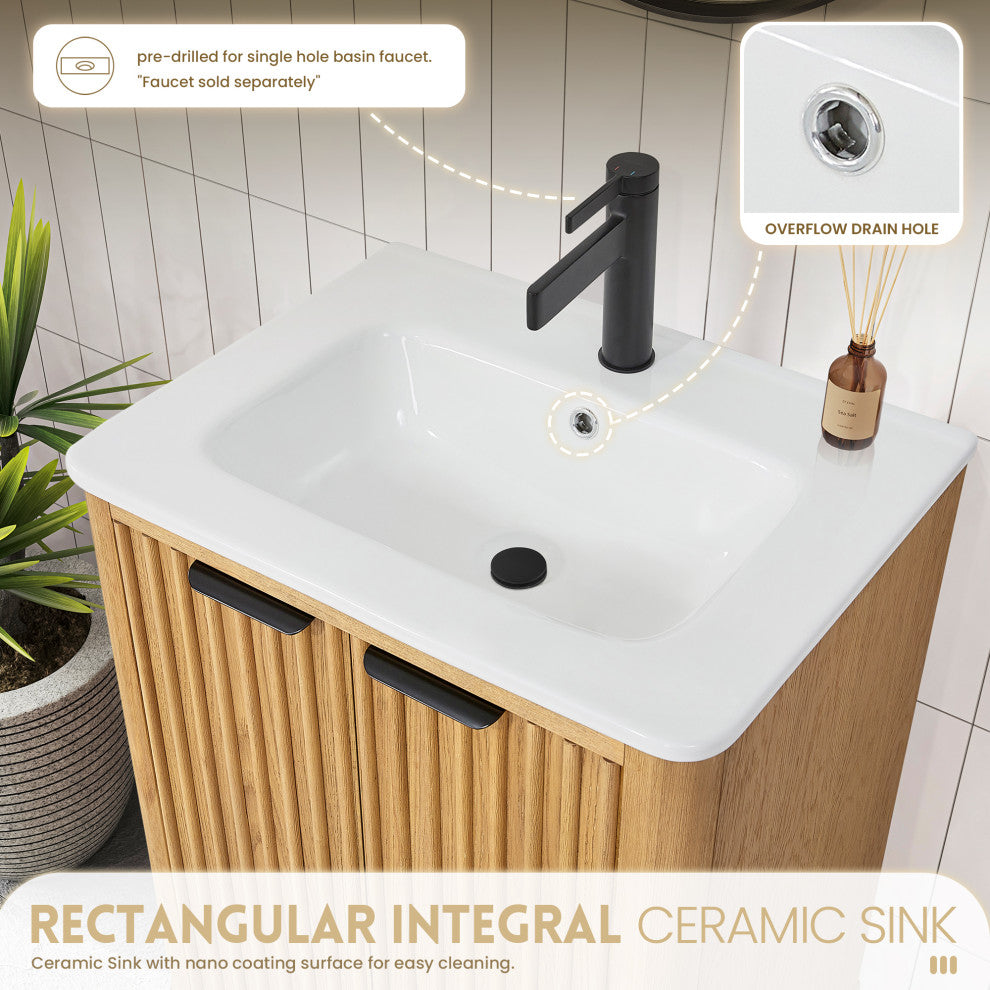 Mumbai Bath Vanity with Ceramic Basin Top without Mirror, Weathering Light Brown, 24", Single Vanity