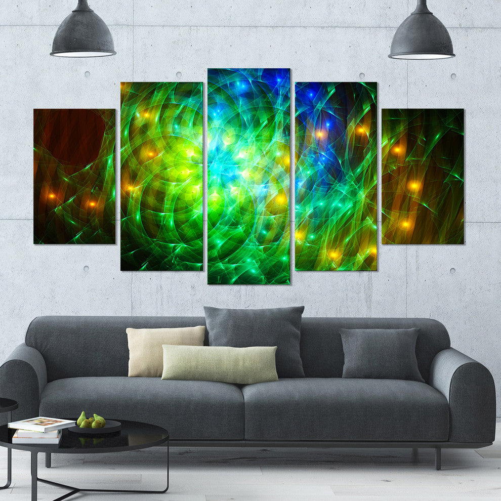 Green Fractal Symphony of Colors, Abstract Wall Art Canvas, 60"x32", 5 Panels