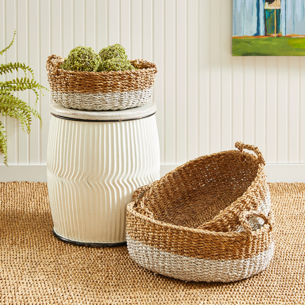 Seagrass Shallow Baskets With Handles, Natural and White, Set of 3
