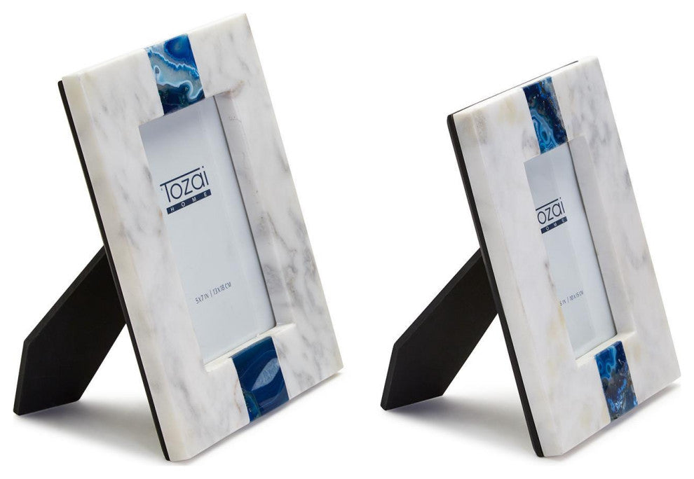 Two's Company Set of 2 White Marble with Blue Agate Inlay Photo Frames
