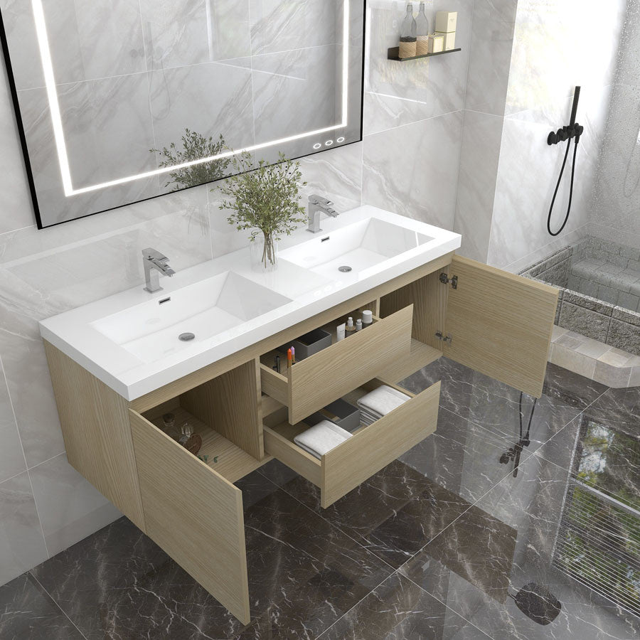 BTO 60" Wall Mounted Bath Vanity With Reinforced Acrylic Sink, Double Sink, White Oak