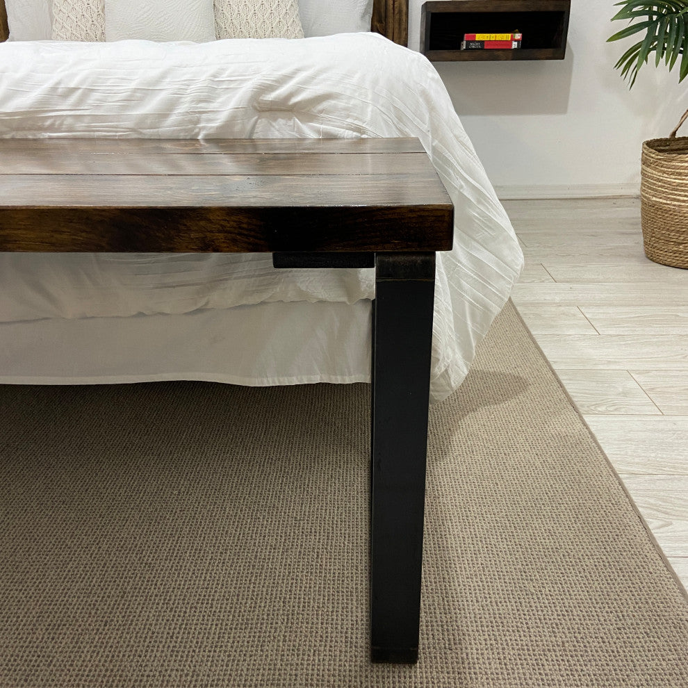 Bedroom or Entryway Bench, Heavy Duty Industrial Metal Legs, Dark Brown, Length 36", Fits Twin Bed