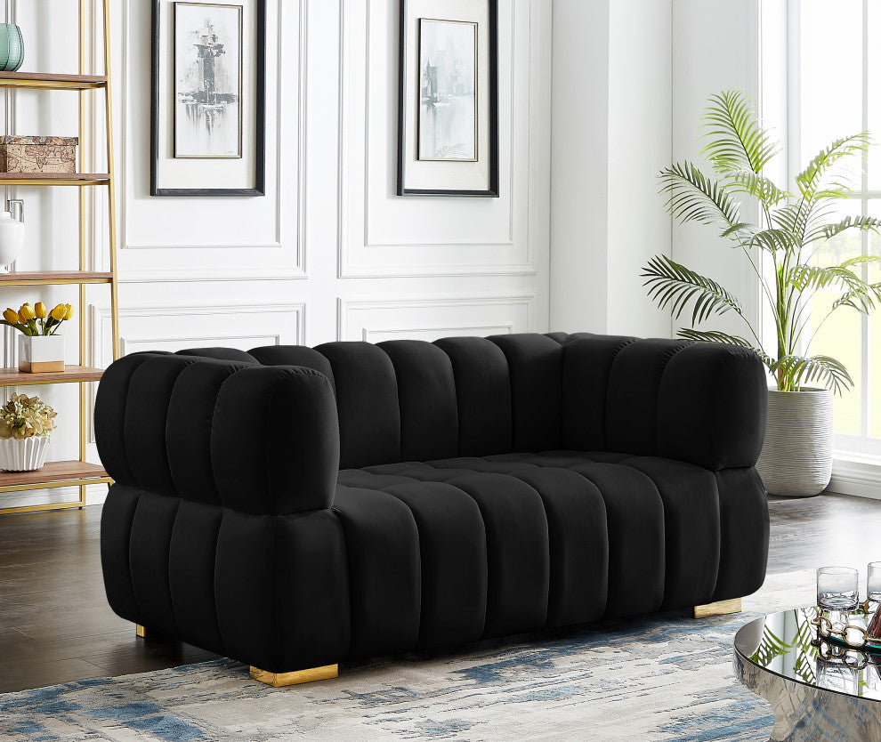 Gwen Velvet Upholstered Chair, Black, Loveseat