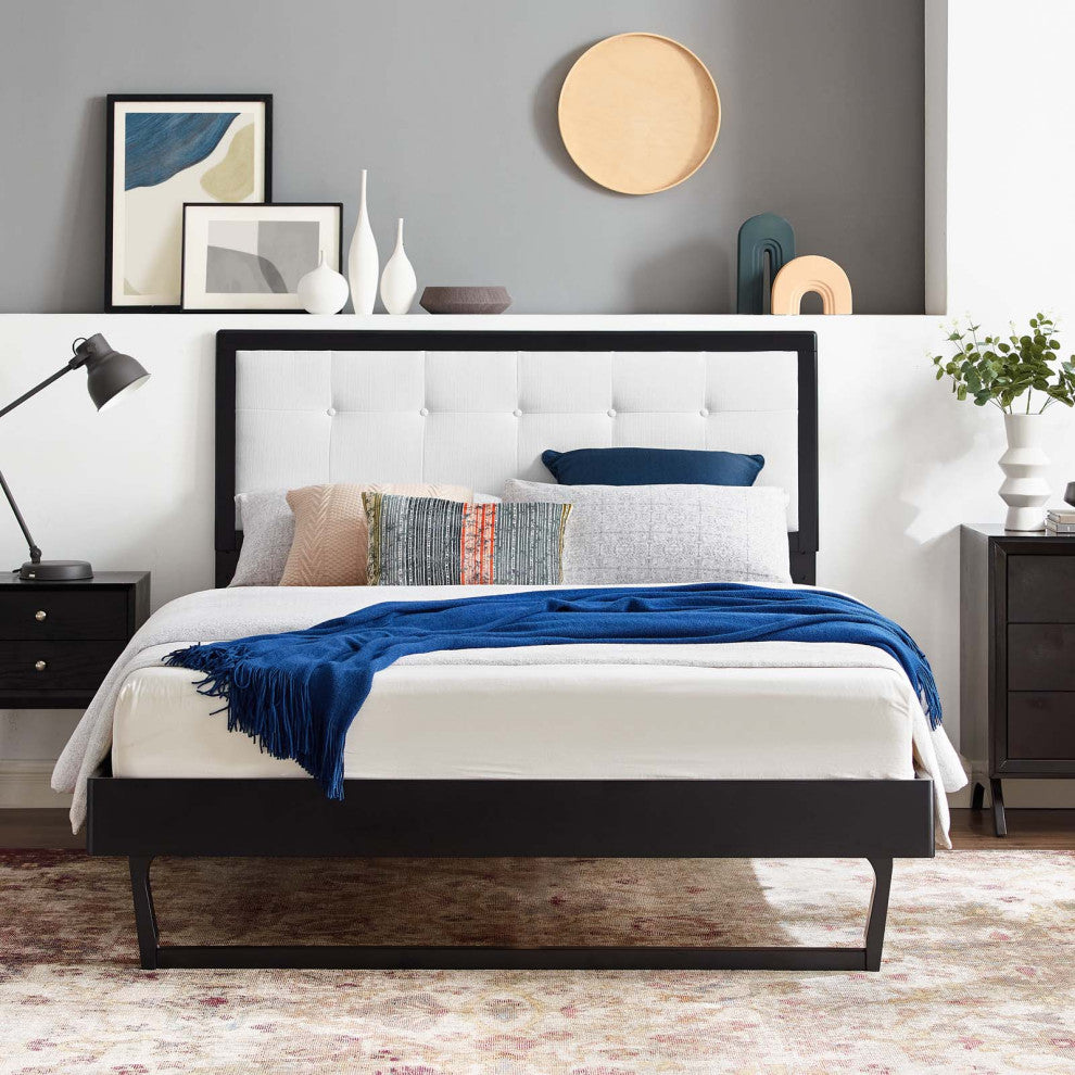 Platform Bed Frame, King Size, Wood, Black White, Modern Mid-Century, Bedroom
