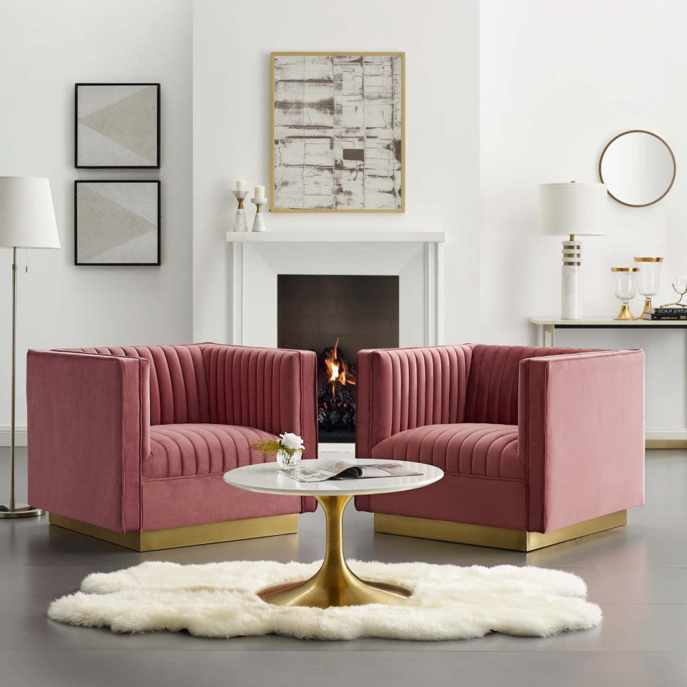 Tufted Armchair Accent Chair, Set of 2, Velvet, Pink, Modern, Lounge Hospitality
