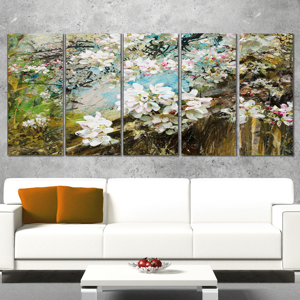 Apple Blossoms With White Flowers, Floral Art Canvas Print, 60"x28", 5 Panels