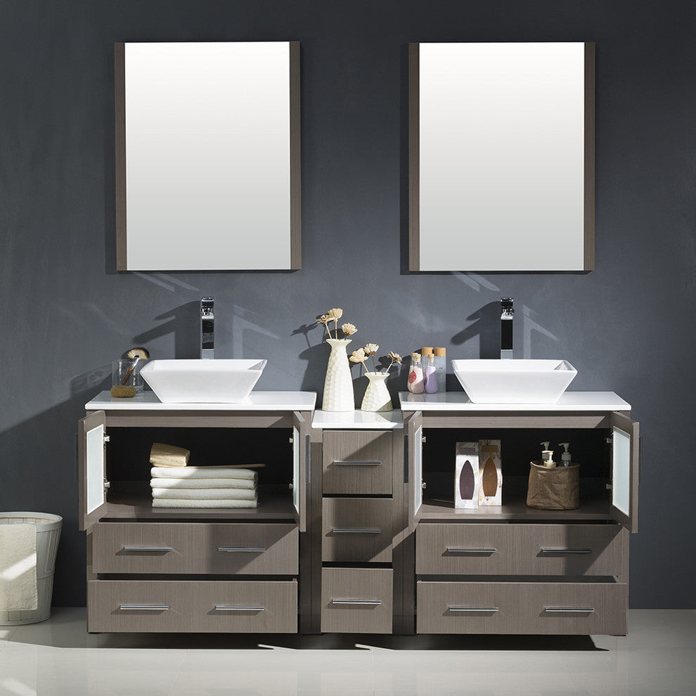 Torino 72" Gray Oak Modern Double Sink Bathroom Vanity, Faucet FFT9162CH
