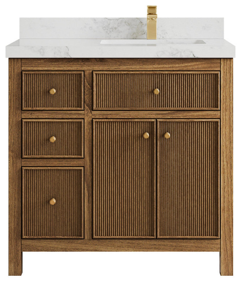 Sonoma Teak 36 Right Offset Bath Vanity in Dark Natural with 2" Calacatta Nuvo