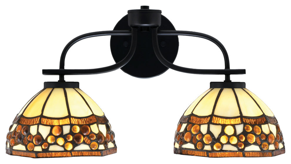 Cavella 2 Light Bath Bar In Matte Black Finish, 7" Roman Jewel Art Glass
