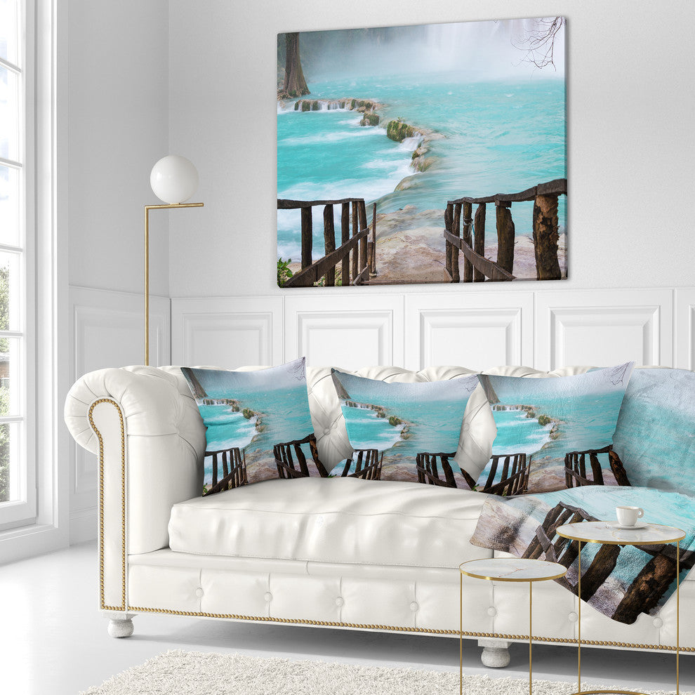 Old Bridge into Mexico Waterfall Seashore Throw Pillow, 18"x18"