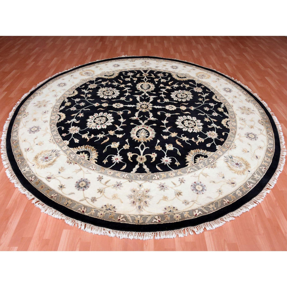 Black, Rajasthan, Wool and Silk, Hand Knotted, Round Rug, 10'0" x 10'2"