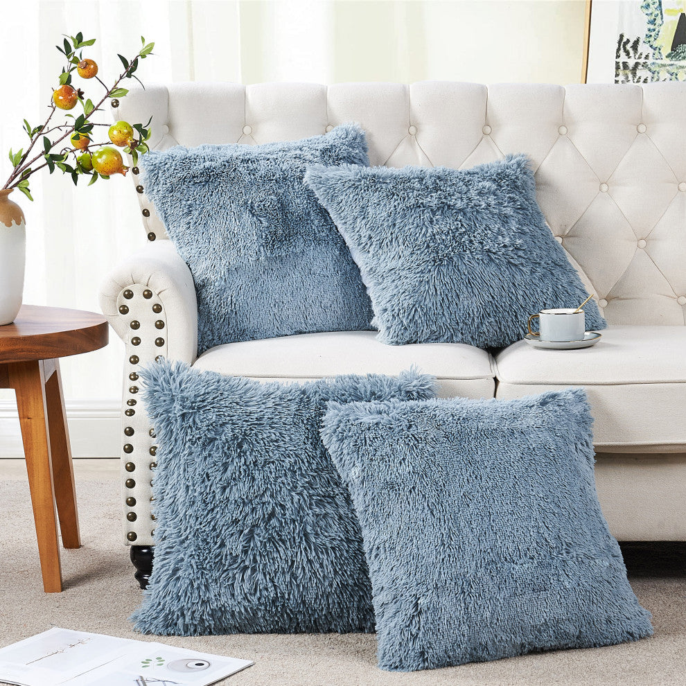 Shaggy Faux Fur Pillow Cover, Silver Blue, Set of 4, 20"x20"