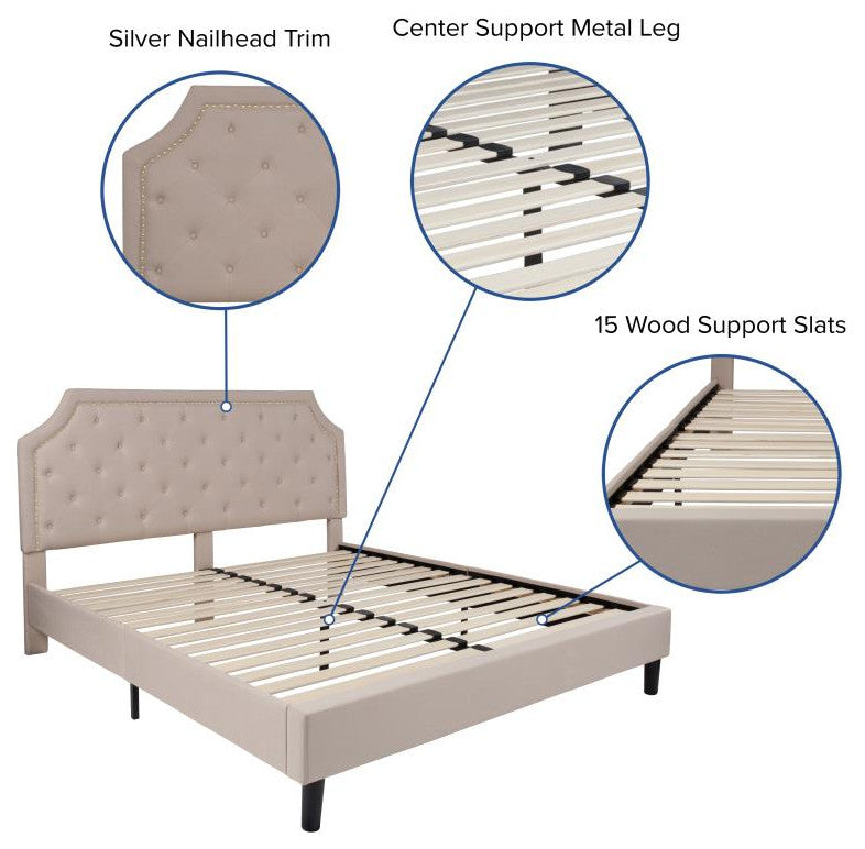 Roxbury Upholstered Platform Bed -10 Inch Foam & Pocket Spring Mattress, Beige With Nail Trim, King