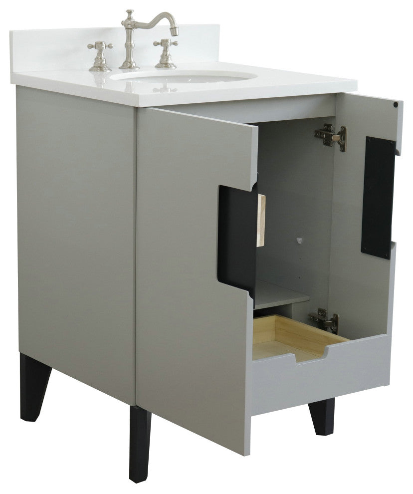 25" Single Sink Vanity, Light Gray Finish With Engineered Stone Top, Oval Sink
