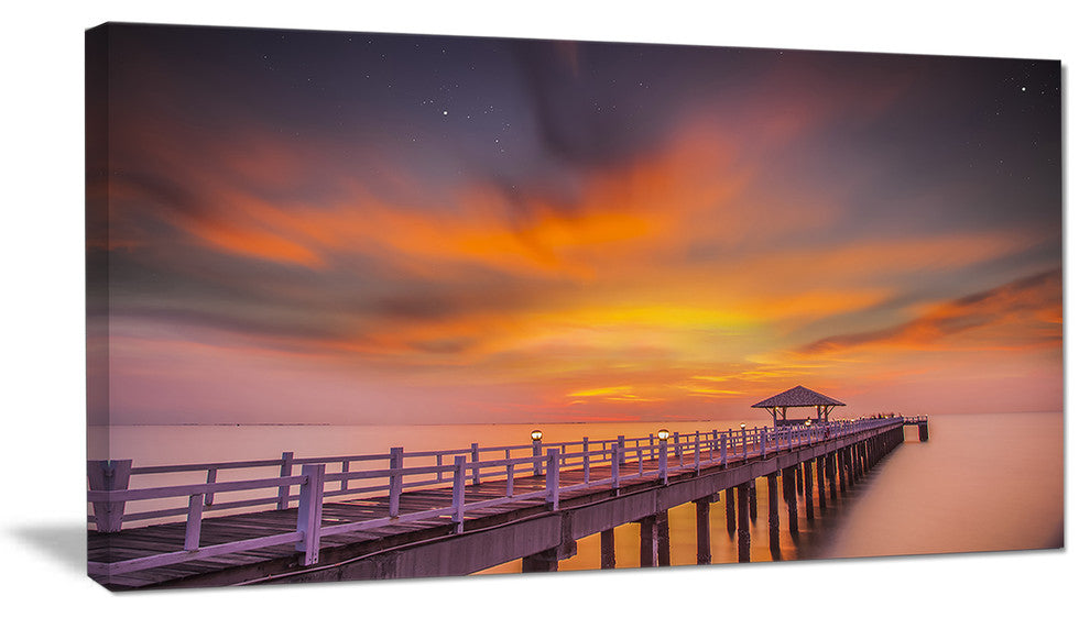 "Seashore With Long Wooden Pier" Sea Pier and Bridge Wall Art Canvas, 40"x20"