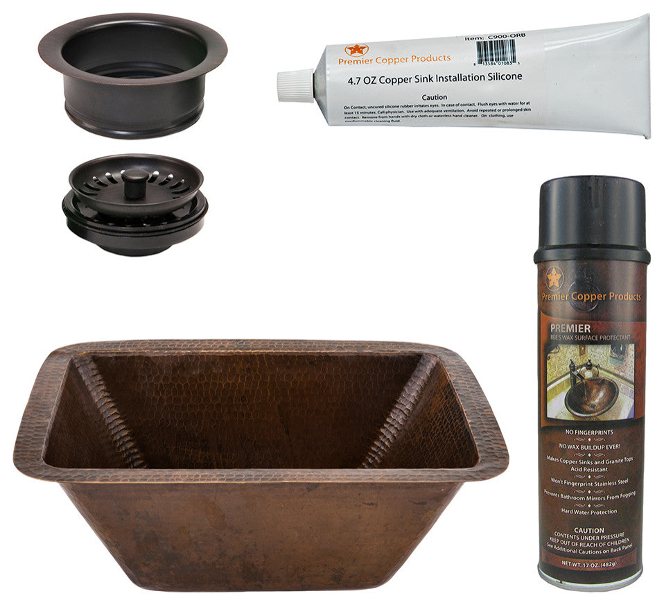 17" Rectangle Copper Prep Sink, 3.5" Drain Opening, Drain & Accessories