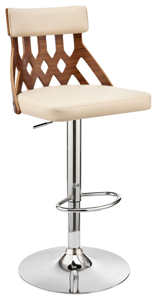 Adjustable Cream Faux Leather and Walnut Lattice Bar Stool