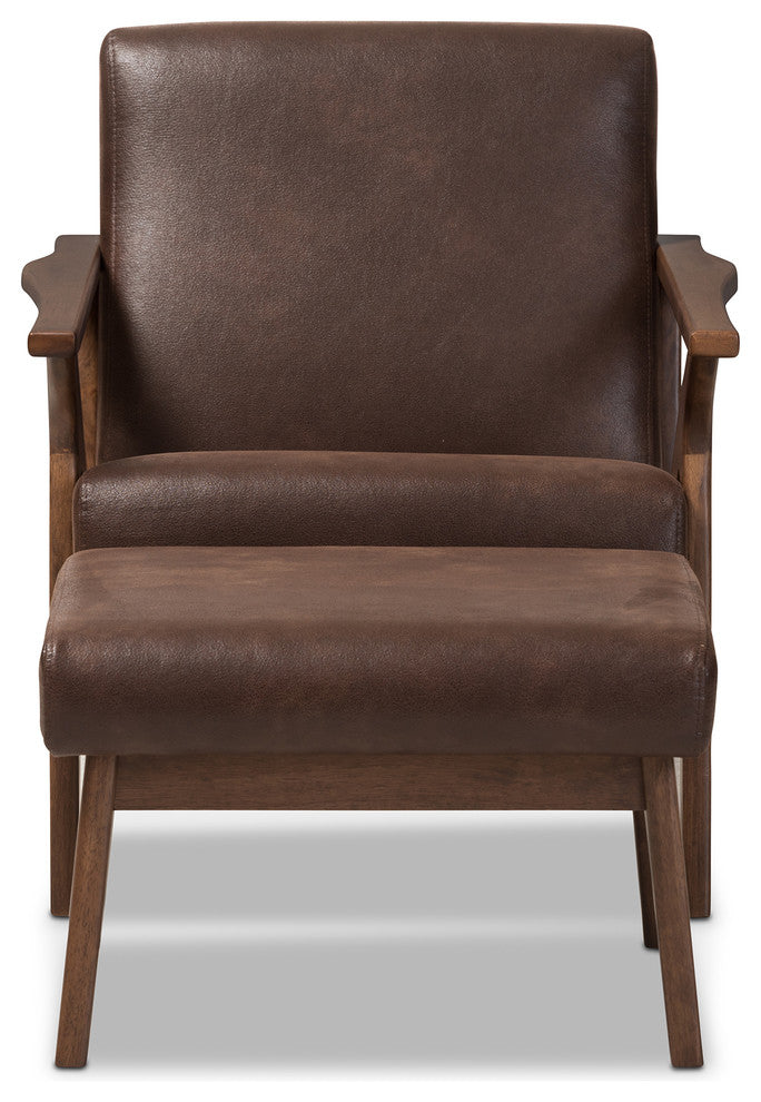 Bianca Wood Dark Brown Distressed Faux Leather Effect Lounge Chair w/ Ottoman