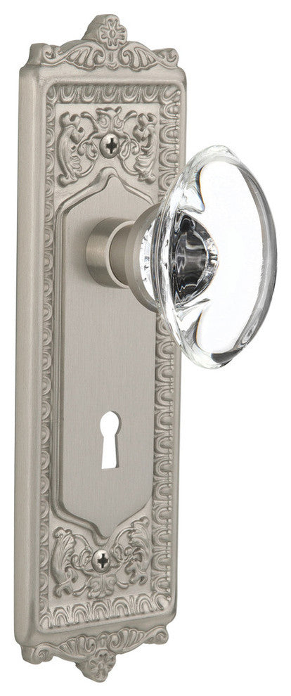 Egg & Dart Plate With Oval Clear Crystal Knob, Satin Nickel