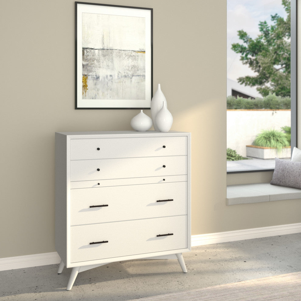 Flynn Mid Century Modern 4 Drawer Chest With Pull Out Tray, White