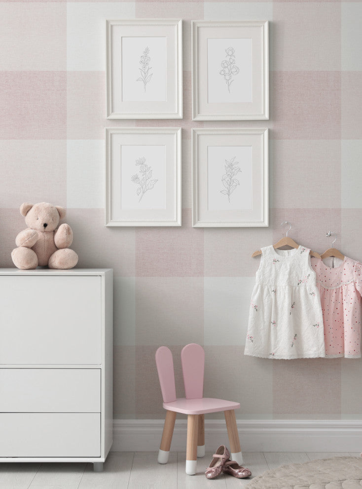 Checkered Fabric Look Large Peel and Stick Vinyl Wallpaper, Pink, 24" X 60"