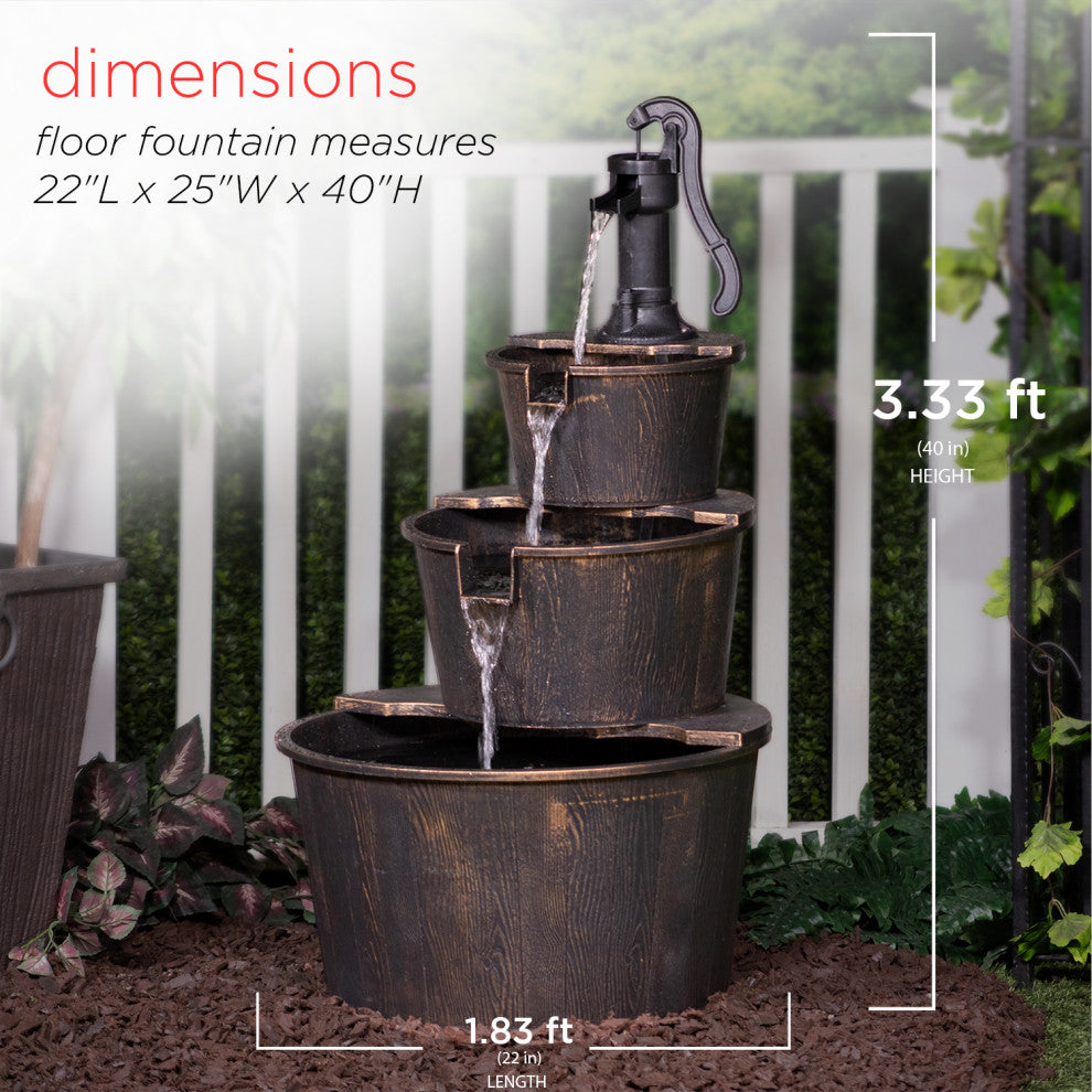 40" Tall Outdoor 3-Tier Barrel Pump Waterfall Fountain, Brown