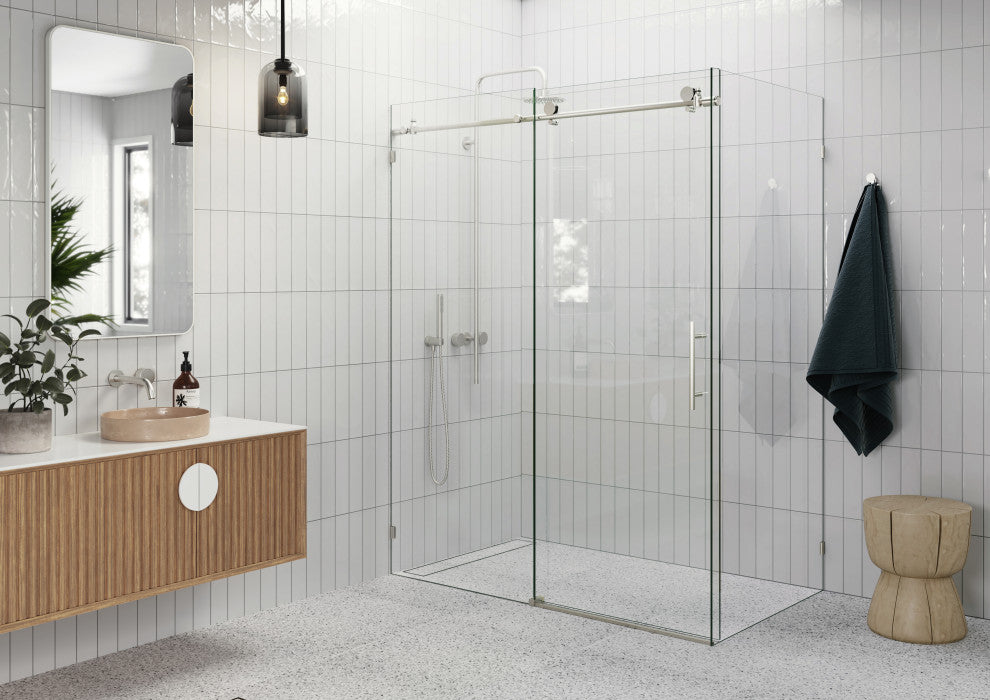 56"-60"x32"x78" Frameless Sliding Shower Door With Return Panel, Brushed Nickel