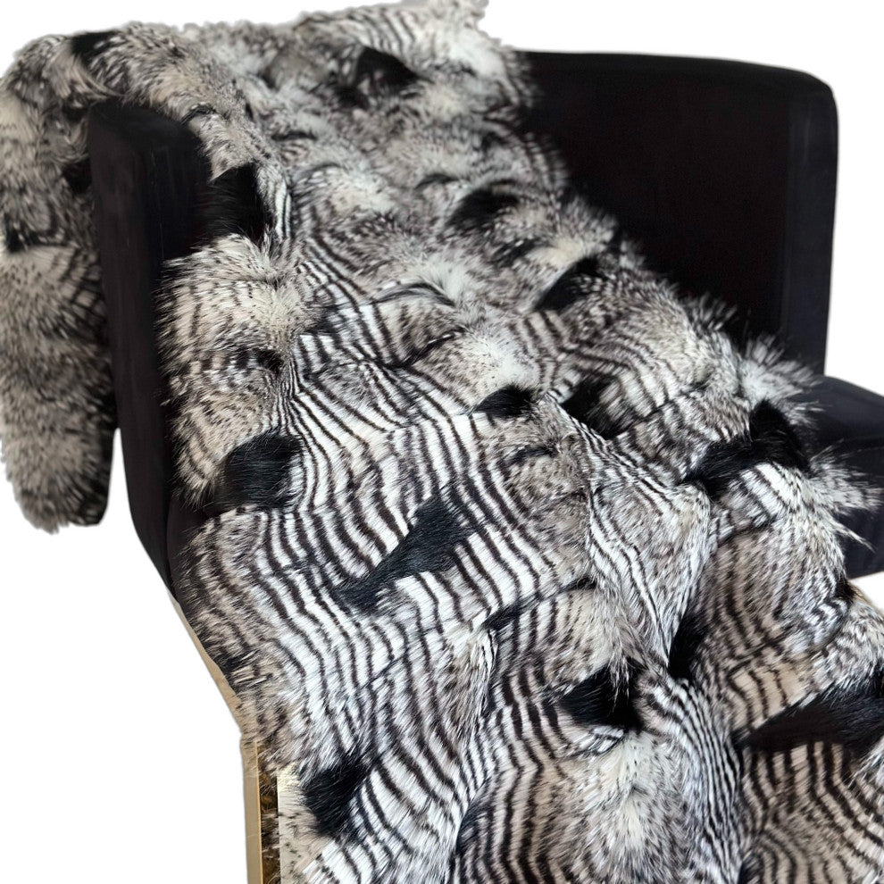 Plutus Black White Feather Faux Fur Luxury Throw, Blanket 114"L x 120"W King