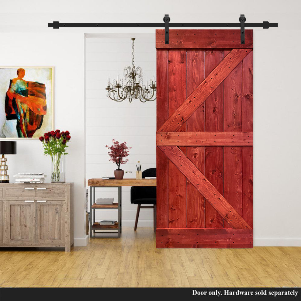 Stained Solid Pine Wood Sliding Barn Door, Cherry Red, 38"x84", K Series